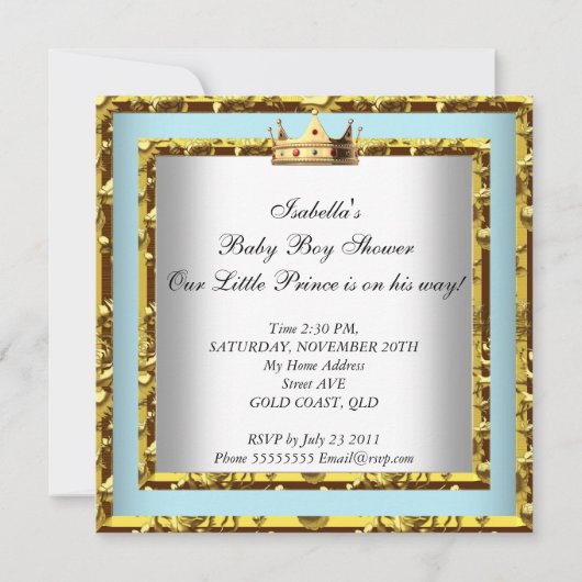 赤ちゃんシャワーブルー金ゴールド少年の王子様2 招待状 (裏面)