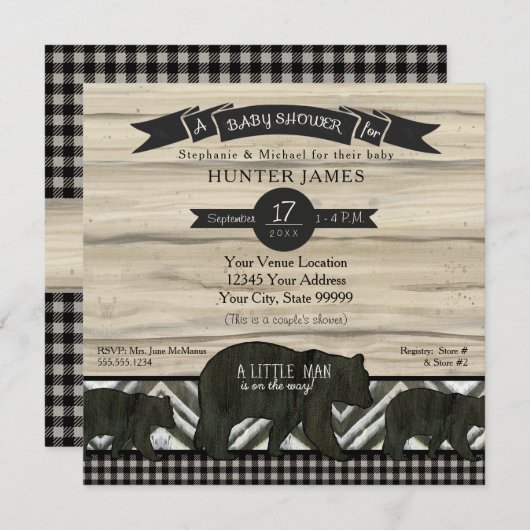 赤ちゃんシャワーベアーウッドランドフォレストランランバージャックプレイド 招待状 (正面/裏面)