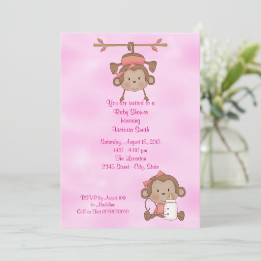 赤ちゃんシャワーベビーガールモンキー 招待状 (スタンド正面)