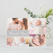 赤ちゃんシャワーベビーフォトコラージピンクグレー サンキューカード (スタンド正面)