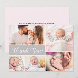 赤ちゃんシャワーベビーフォトコラージピンクグレー サンキューカード