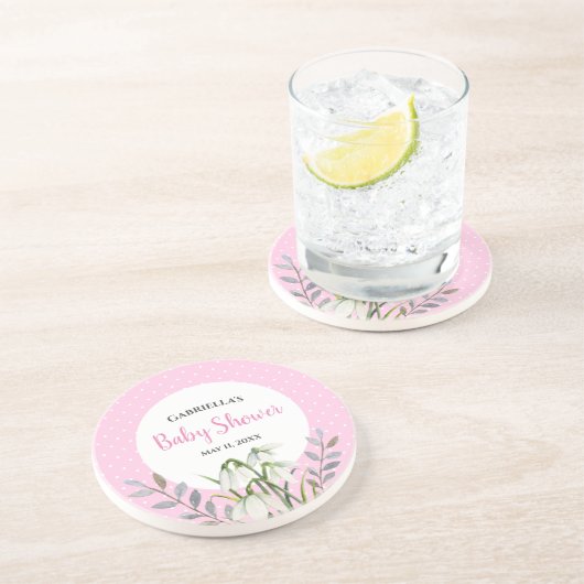 赤ちゃんシャワーホワイトスノードロップピンク水玉模様 コースター (側面)