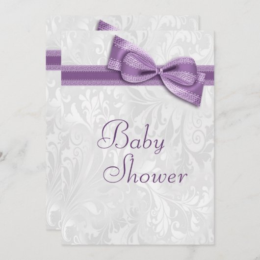 赤ちゃんシャワーホワイトダマスクと紫フェイクの弓 招待状 (正面/裏面)