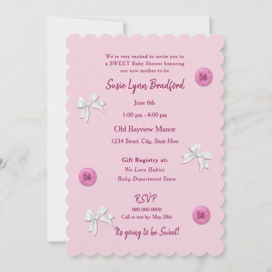 赤ちゃんシャワーボタンと弓ピンク赤ちゃん女の子 招待状 (裏面)