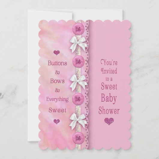 赤ちゃんシャワーボタンと弓ピンク赤ちゃん女の子 招待状 (正面)