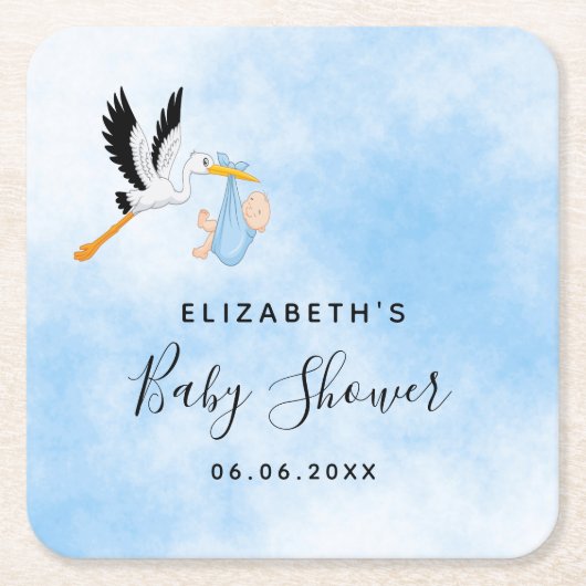 赤ちゃんシャワーボーイブルーコウノトリ スクエアペーパーコースター (正面)