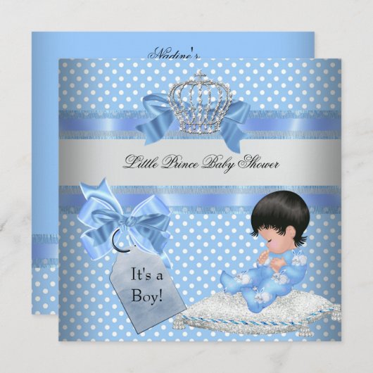 赤ちゃんシャワーボーイブルーリトルプリンスクラウン 招待状 (正面/裏面)