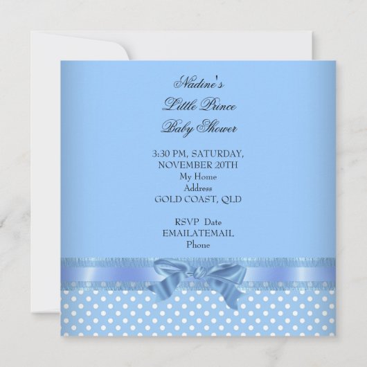 赤ちゃんシャワーボーイブルーリトルプリンスクラウン 招待状 (裏面)