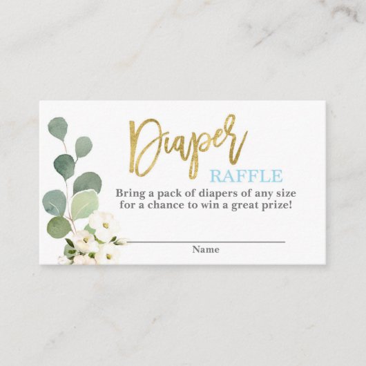 赤ちゃんシャワーボーイ緑の青いフローラおむつラッフル エンクロージャーカード (正面)