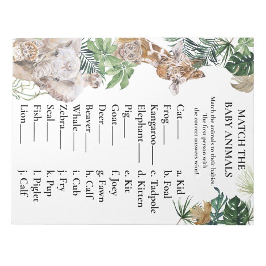 赤ちゃんシャワーマッチゲームジャングルサファリ動物 ノートパッド (正面)