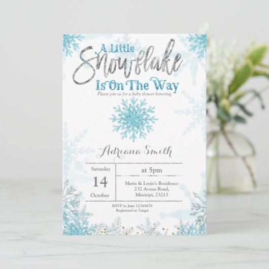 赤ちゃんシャワーミントの途中に少し雪の結晶がある 招待状 (スタンド正面)