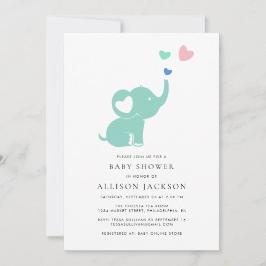赤ちゃんシャワーミントグリーンゾウ男女兼用ズ 招待状 (正面)