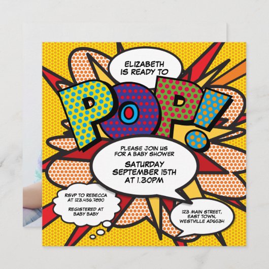 赤ちゃんシャワーモダンおもしろい撮影ポップ・アートの準備完了 招待状 (正面/裏面)