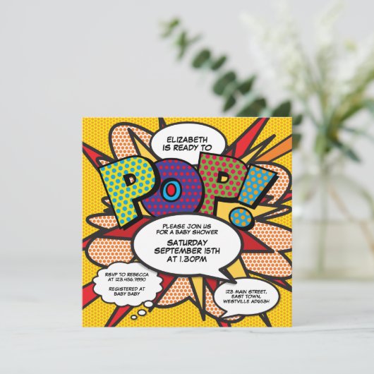 赤ちゃんシャワーモダンおもしろい撮影ポップ・アートの準備完了 招待状 (スタンド正面)