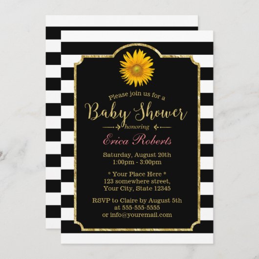 赤ちゃんシャワーモダンひまわり黒と白ストライプ色 招待状 (正面/裏面)