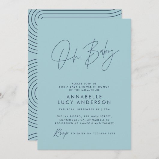 赤ちゃんシャワーモダン台本ベビーブルースタイリッシュ 招待状 (正面/裏面)