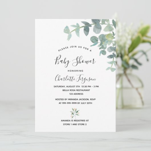 赤ちゃんシャワーユーカリの緑の白エレガント色 招待状 (スタンド正面)