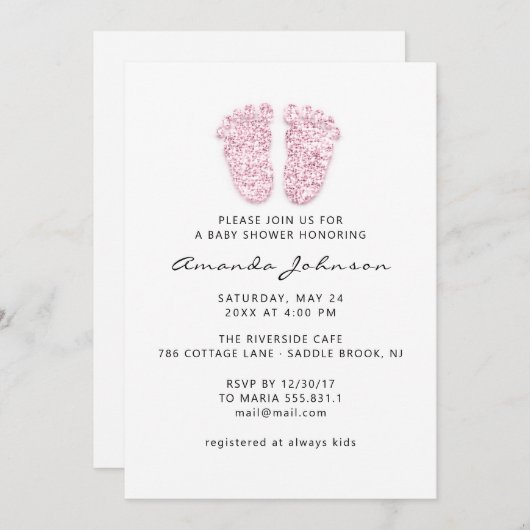 赤ちゃんシャワーライトピンク足グリッターボーイガール 招待状 (正面/裏面)
