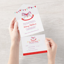 赤ちゃんシャワーロッキング趣味の馬かわいい水色 オールインワン招待状