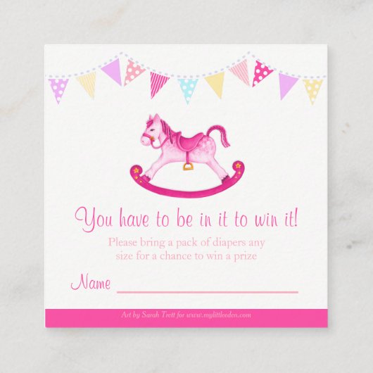 赤ちゃんシャワーロッキング馬アートおむつラッフルカード エンクロージャーカード (裏面)