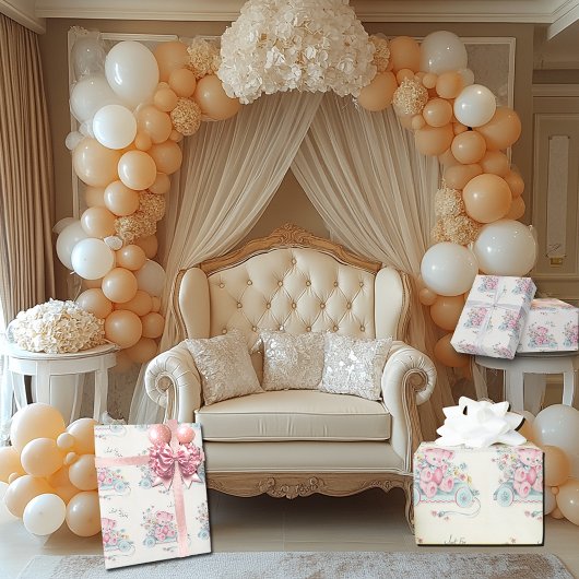 赤ちゃんシャワーヴィンテージピンクのクマかわいらしの花 ラッピングペーパー