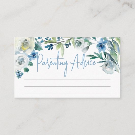 赤ちゃんシャワー予測アドバイスかわいい青フローラ エンクロージャーカード (裏面)