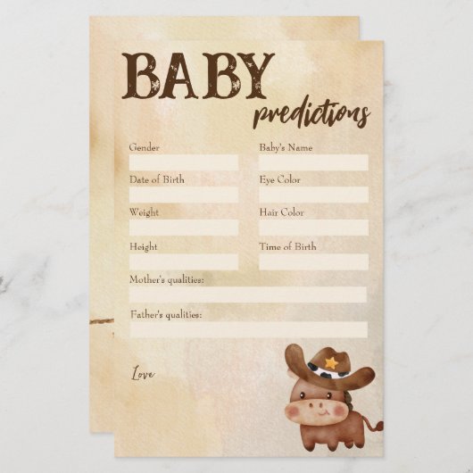 赤ちゃんシャワー予測ゲーム小さなカウボーイ 便箋 (正面/裏面)