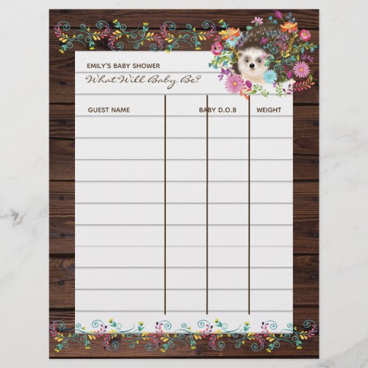 赤ちゃんシャワー予測ゲーム – Hedgehog Flowers (正面)