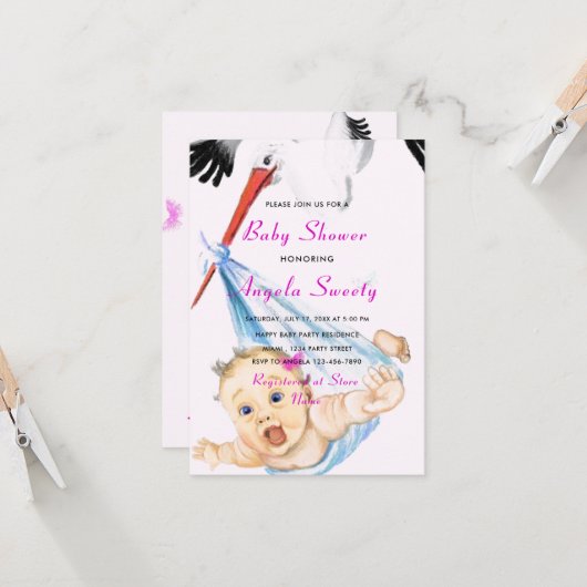 赤ちゃんシャワー付きコウノトリ招待状の例 カード (正面/裏面インサイチュ)