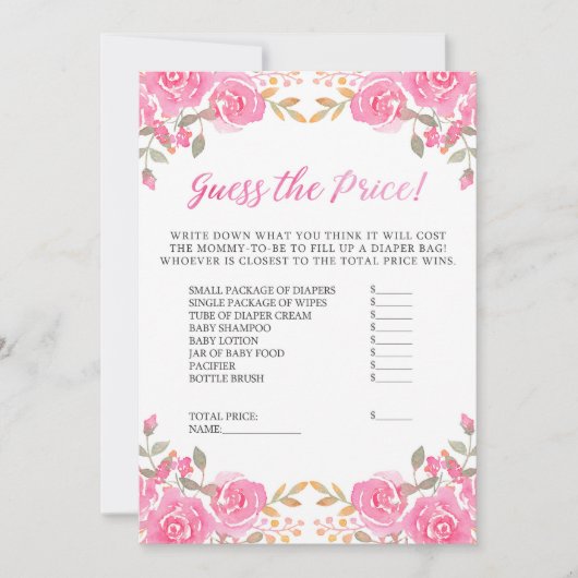 赤ちゃんシャワー価格を推測ピンクのフローラゲームカード 招待状 (正面)