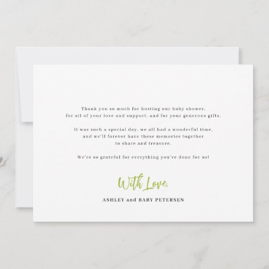 赤ちゃんシャワー写真パーソナライズされたスクリプモダント サンキューカード (裏面)