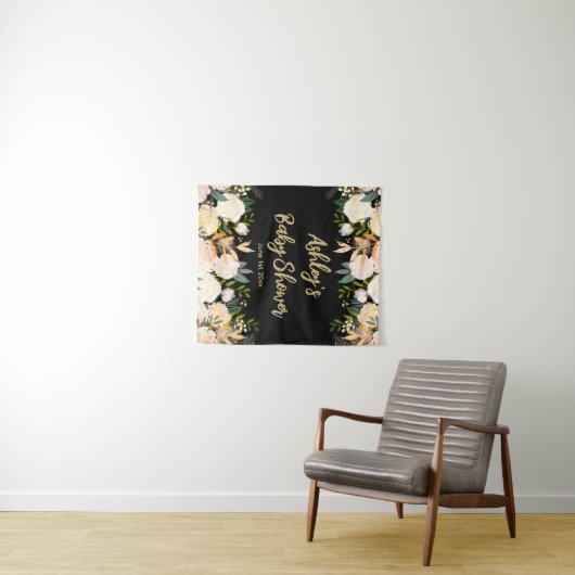 赤ちゃんシャワー写真ブース背景フローラプロップブラック タペストリー (インサイチュ(横))