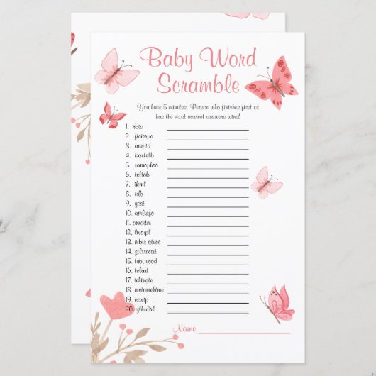 赤ちゃんシャワー単語スクランブルゲームピンク蝶 (正面/裏面)