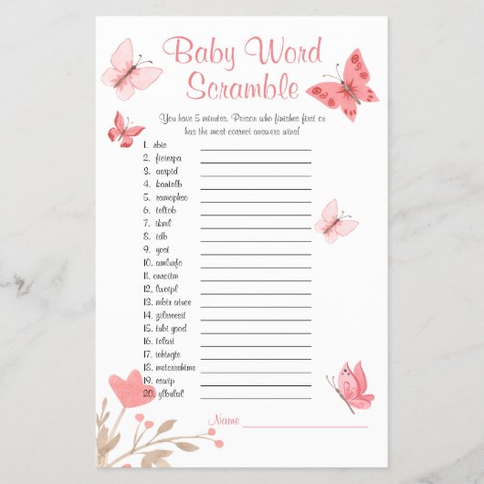 赤ちゃんシャワー単語スクランブルゲームピンク蝶 チラシ (正面)
