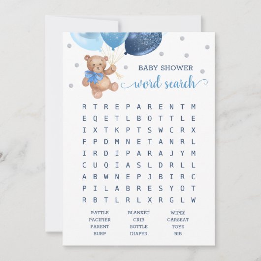 赤ちゃんシャワー単語検索ゲームテディベアブルーカード 招待状 (正面)