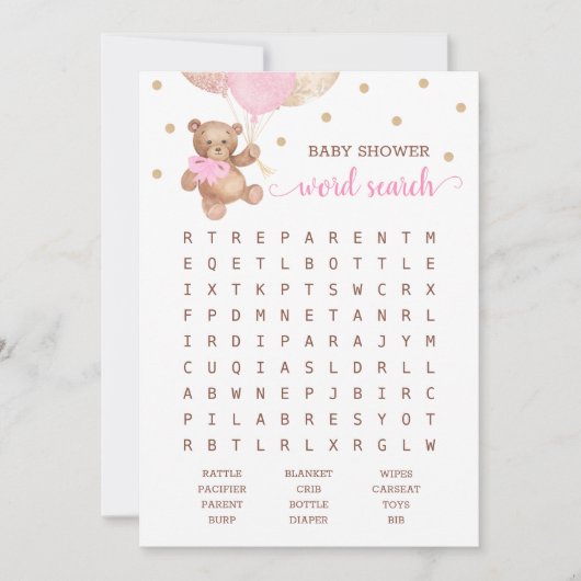 赤ちゃんシャワー単語検索ゲームテディベアーピンクカード 招待状 (正面)