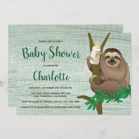 赤ちゃんシャワー可愛いスロッスグリーン素朴ウッドの写真 招待状 (正面/裏面)