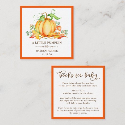 赤ちゃんシャワー囲い車のための小さなカボチャの本 エンクロージャーカード (正面/裏面)