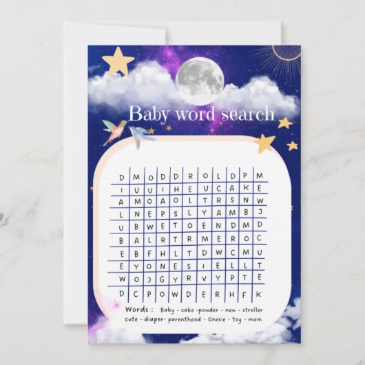 赤ちゃんシャワー天空の夢の単語検索ゲーム 招待状 (正面)