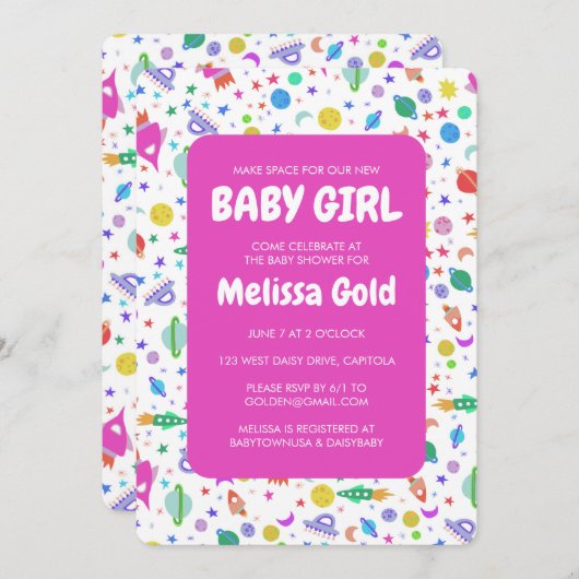 赤ちゃんシャワー女の子かわいい宇宙ロケットパターンカスタム 招待状 (正面/裏面)
