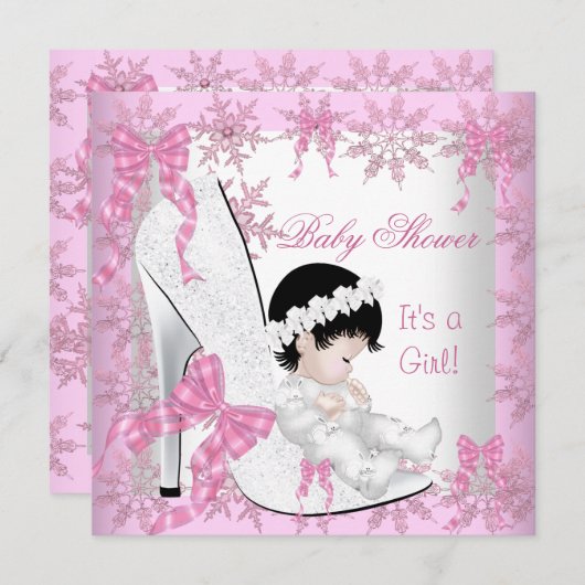 赤ちゃんシャワー女の子かわいらしピンクの雪片の靴 招待状 (正面/裏面)