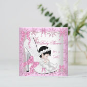 赤ちゃんシャワー女の子かわいらしピンクの雪片の靴 招待状 (スタンド正面)