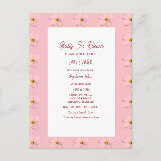 赤ちゃんシャワー女の子のベビー開花フローラルパターンピンク ポストカード (正面)