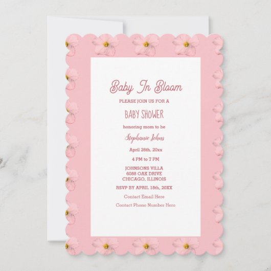 赤ちゃんシャワー女の子のベビー開花フローラルパターンピンク 招待状 (正面)