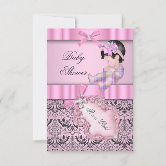 赤ちゃんシャワー女の子ダマスクピンクグレー 招待状 (正面)