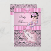 赤ちゃんシャワー女の子ダマスクピンクグレー 招待状 (正面/裏面)