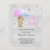赤ちゃんシャワー女の子ピンクのテディベア銀 インビテーションポストカード (正面/裏面)