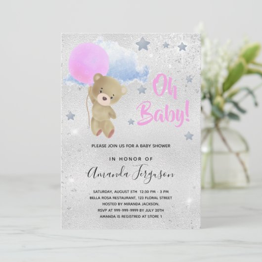 赤ちゃんシャワー女の子ピンクのテディベア銀 招待状 (スタンド正面)