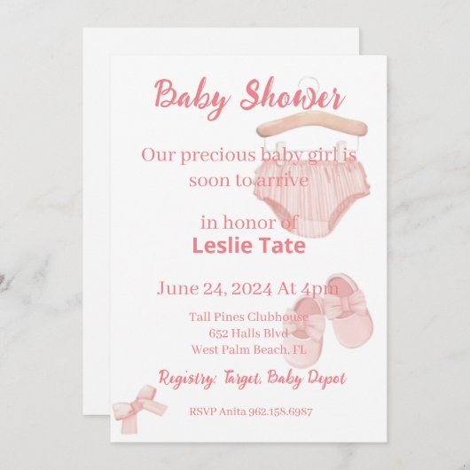 赤ちゃんシャワー女の子ピンクの服靴 招待状 (正面/裏面)