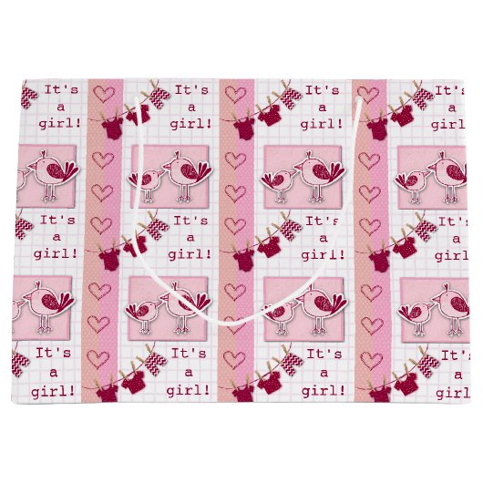 赤ちゃんシャワー女の子ピンクの鳥 ラージペーパーバッグ (正面)